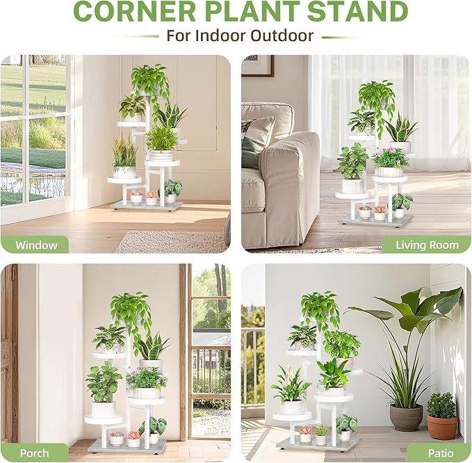 iDavosic.ly 5 Tier Plant Stand Indoor, Tiered Corner Metal Wood Multiple Flower Holder Shelf, Tall Orchid Display Rack for Patio Porch Living Room Balcony Outdoor, White