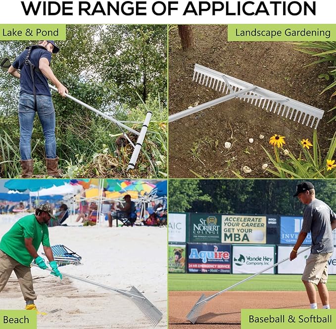 Floating Lake Rake, 36" Aluminum All Purpose Lake and Landscape Rake with 11' Extension Handle and 52' Rope, Weed & Algae Removal