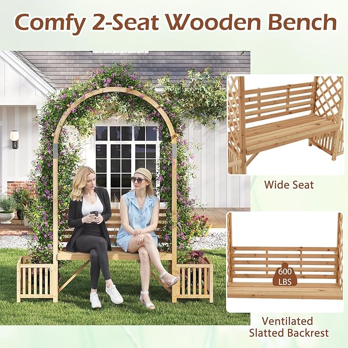 Happygrill Garden Arbor with Bench & 2 Planter, Wooden Garden Arch for Climbing Plants w/Love Seat, 2 Trellises & Planting Box to Grow Grapes & Vines, 2-Person Outdoor Wood Seating for Patio, Backyard