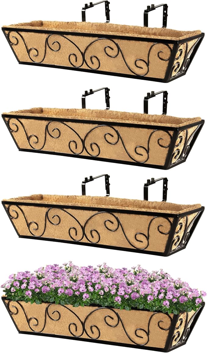 Y&M 24 Inch Window Deck with Coco Liner, Fence Metal Hanging Flower Planter Window Basket Deck Railing Planter Boxes for Outdoor Garden Lawn-Butterfly,4pcs