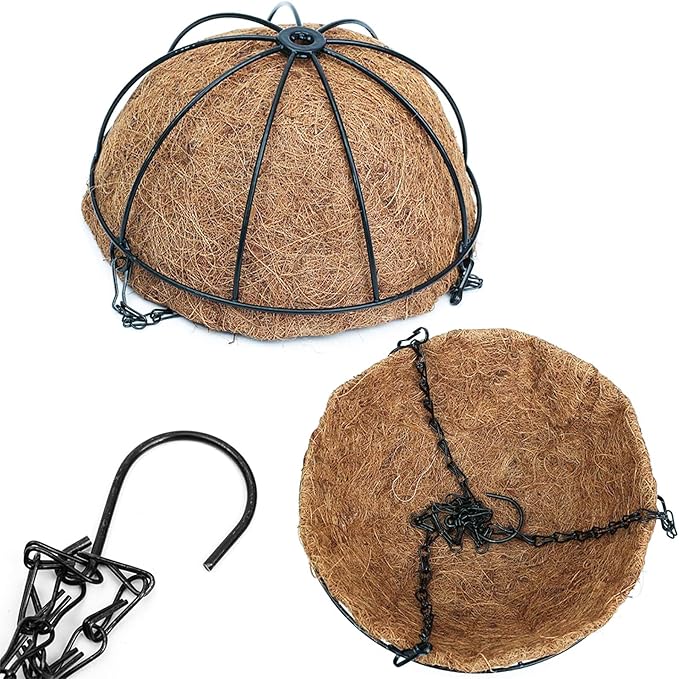12 inch Metal Hanging Baskets For Plants Outdoor 4 Pack Round Metal Wire Hanging Basket Planter with Coco Fiber Liners Chain Round Wire Plant Holder for Garden, Patio, Deck, Porch Plants Flower Potss