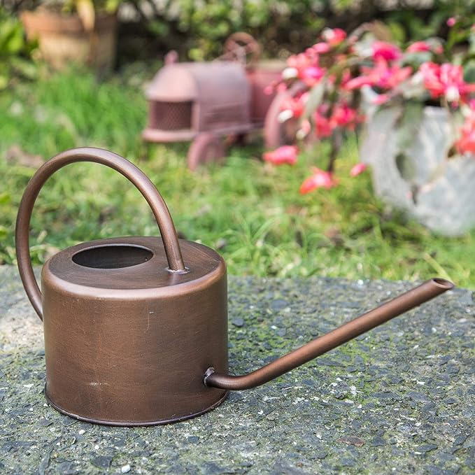 Metal Watering Can 1.3L Modern Style Watering Pot with Handle and Long Spout,Brown Color