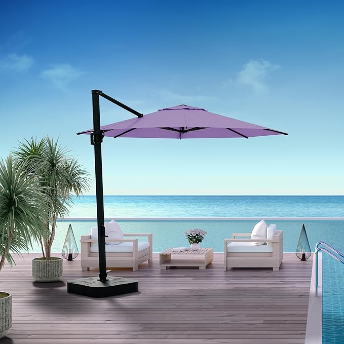 Midtown Umbrellas 10 Ft Outdoor Cantilever Patio Umbrella w/Terylast Midtown Purple Fabric - Tilt 360° Offset Patio Umbrella, Deck Patio Umbrella, Backyard Umbrella & Garden Umbrella - Black Frame