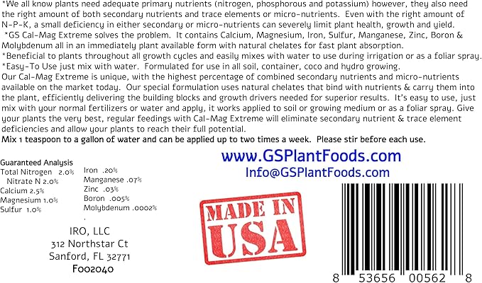 GS Plant Foods Cal-Mag Extreme Liquid 1 Quart Fertilizer with Calcium, Magnesium, Iron and Sulfur Supplement, Corrects Secondary Nutrient & Trace Element Deficiencies, N-P-K of 2-0-0