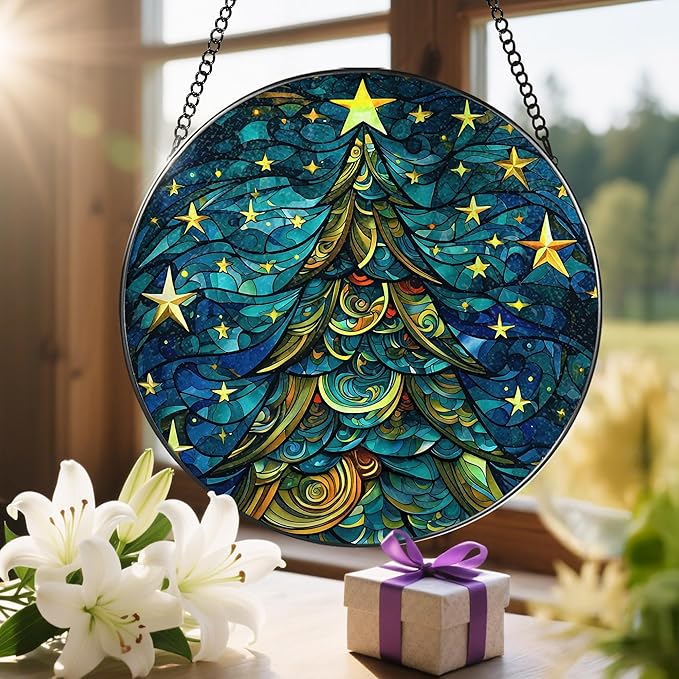 8-Inch Christmas Tree Suncatcher Ornament, Stained Glass Window Hanging & Stained Glass Holiday Ornament, Sun Catcher Window Decor — Keepsake Gift for Family, Coworkers & Friends, Gifts for Christmas