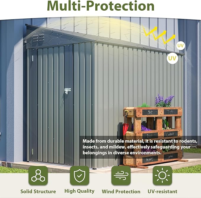 4×7 FT Outdoor Metal Storage Shed,Heavy-Duty Lean to Storage Shed with Lockable Door and Reinforced Beams,All Weather Waterproof Storage House W/2 Air Vents,for Backyard,Patio,Lawn,Gray