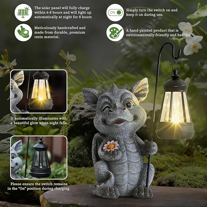 Garden Figurines Dragon Statue Decorations - Solar ResinDragon with Solar Garden Lights Outdoor Decorations for Patio,Yard,Lawn,