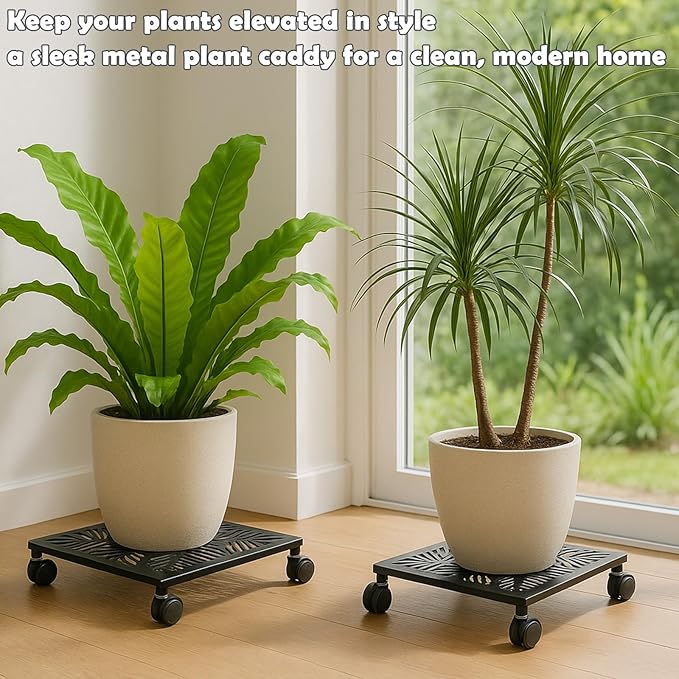 2-Pack 13 Inches Square Metal Plant Caddy with Wheels Heavy Duty Large Rolling Plant Stand Indoor Outdoor Wheeled Planter Dolly Cart with Lockable Casters Flower Pot Mover Roller Trolley, Black