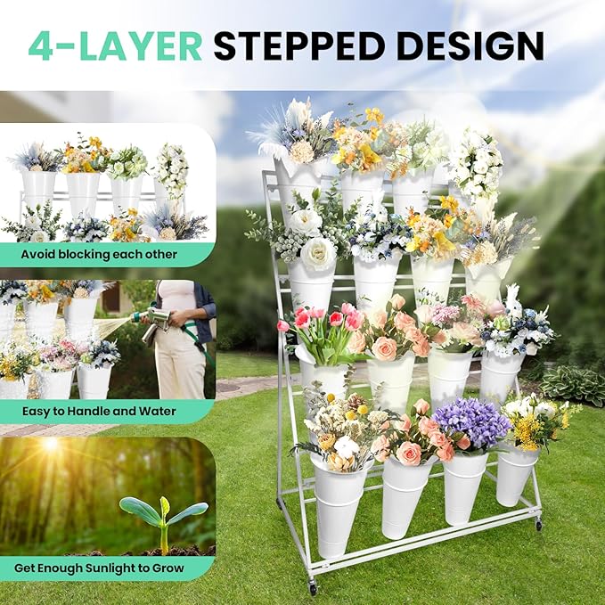 Flower Display Stand with Buckets, 4 Layers 16PCS Buckets Metal Flower Cart Display Stand with Wheels, for Patio Garden, Living Room (4 Layers White Round Bucket)