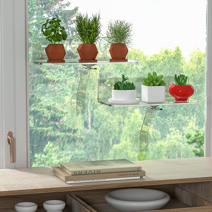 Clear Acrylic Windows Plant Shelves, 12 Inch Window Plant Stand with Legs, No Need Drilling Indoor Windows Suction Cup Shelf Wall Shelf for Plants, Home Décor, Toiletries(2 Pack)
