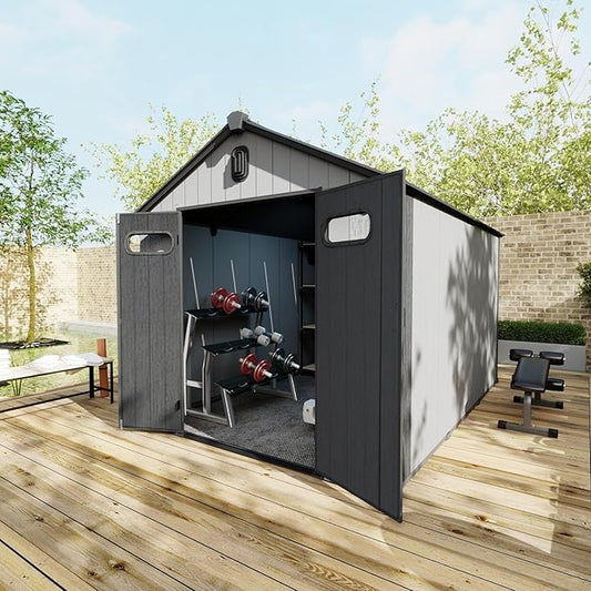 Domi 8x12Ft Resin Outdoor Storage Shed, Plastic Garden Shed with Carpet, Outside Weatherproof Storage Building for Tools, Bike, Lawn Mower, Patio, Backyard