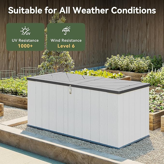AOXUN Horizontal Storage Sheds 21 Cu.ft, HDPE Outdoor Storage Box 160 Gallon, Waterproof Lockable Resin Deck Box with Spring-Assisted Lid, Patio Storage for Garden, Pool, Cushions, Tools, White