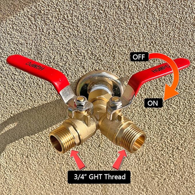 HQMPC Garden Hose Y Valve Splitter With Stainless Steel Long Handle - Brass 2 Way Water Adapter, 3/4" GHT Thread