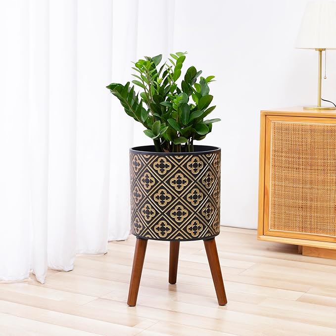 nacltlo12 Inch Plant with Stand Planter for Indoor Plants Large Modern Mid-Century Plant Pots Indoor Outdoor with Drainage for Home Garden Patio,Black and Gold