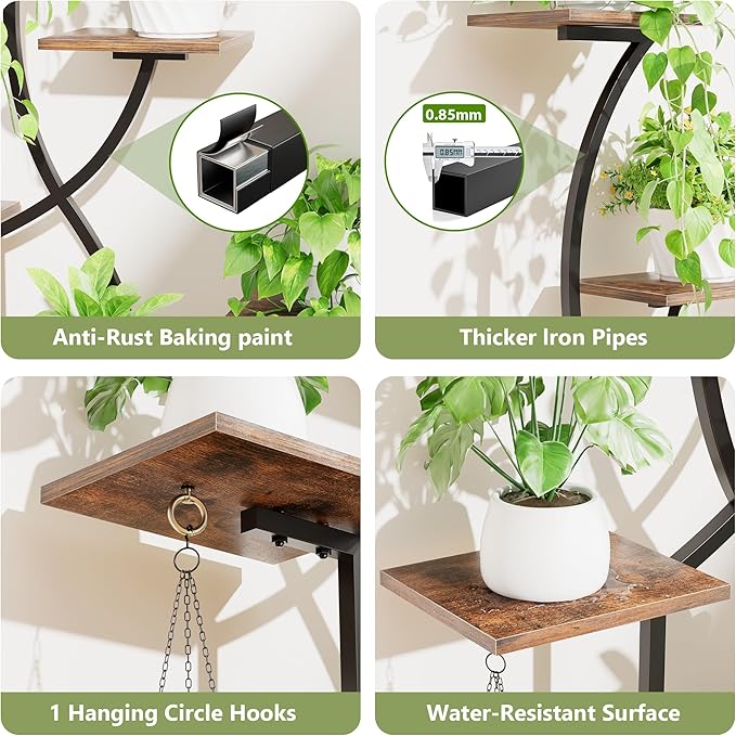 Plant Stand Indoor with Grow Lights, 6 Tiered Indoor Plant Shelf, 48'' Corner Plant Stands for Indoor Plants, Lighted S-Shaped Plant Rack, Tall Flower Holder Display for Living Room, Home (Black)