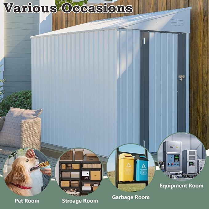 4x7 FT Outdoor Storage Shed,Lean to Lockable Metal Garden Shed Steel with Reinforced Beams,All Weather Waterproof Storage House W/Lockable Door&2 Air Vents,for Backyard,Patio,Lawn,Garden,White
