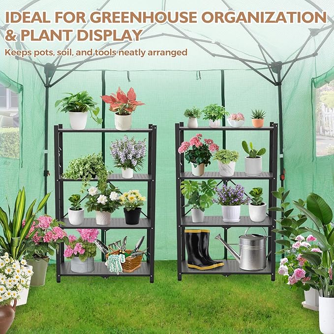 EAGLE PEAK 4-Tier Foldable Greenhouse Shelf, Heavy Duty Metal Storage Rack, No Assembly Steel Shelving Unit, Plant Stand for Greenhouse and Multi-Use Storage, 28”x14.6”x44.7”, 520 lbs, 2 Pack, Black