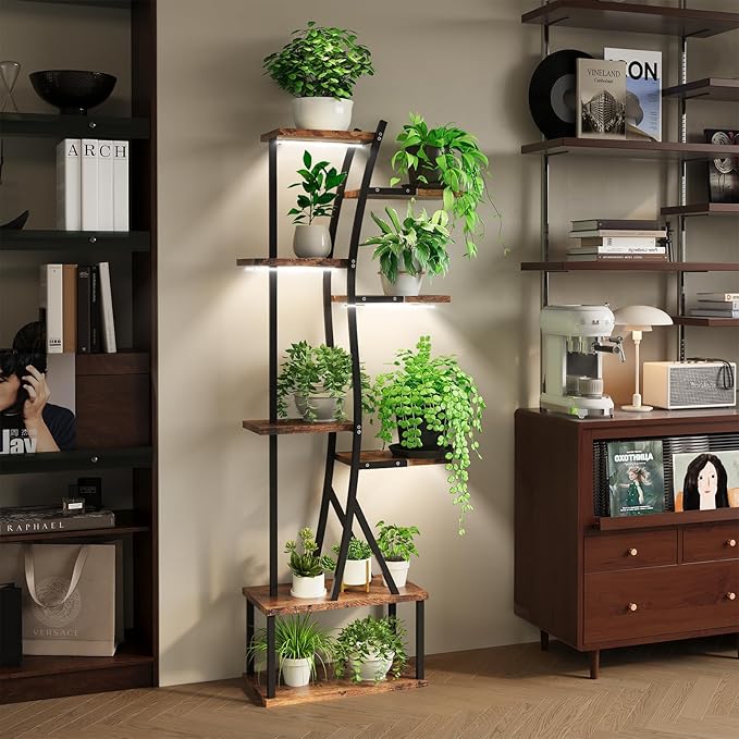 ROOMTEC Plant Stand Indoor with Grow Lights, Indoor Plant Stand with Curved Corner, 8 Tiered Plant Shelf Indoor, Tall Plant Stands Indoor for Living Room, Patio, Balcony Decor