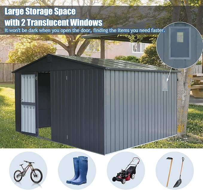 11x12.5ft Outdoor Storage Shed with Windows, Galvanized Steel Garden Shed, Lockable Double Doors and 16 Vents, Large Utility Tool Storage for Backyard Patio