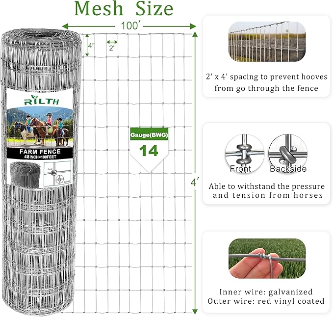 4ft x 100ft Galvanized Horse Fence, 14 Gauge Heavy Duty Woven Wire Farm Fence, 2x4 Inch Mesh Fencing for Horses, Goats, Sheep, Livestock, Pasture,Garden and Field Use