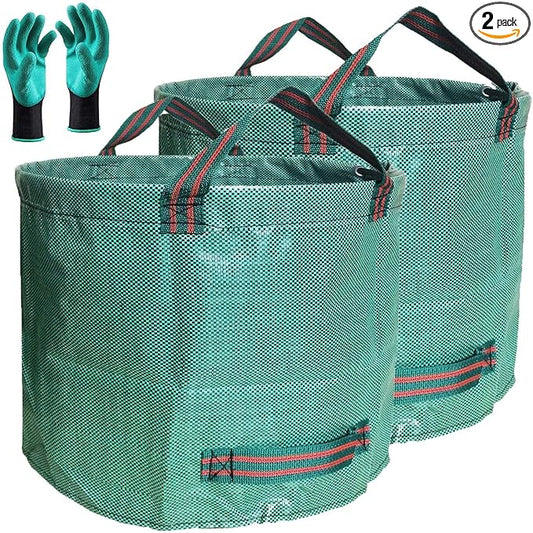 Standard 2-Pack 16 Gallon Yard Lawn Garden Bags (D18, H15 inch) w/Gardening Gloves for Yard Waste Bags,Patio Debris Container,Camping Trash Bin,Recycling Bag,Laundry Bin,Lawn Weeds,Leaf Bag 4 handles
