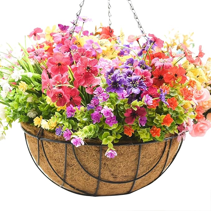14 inch Metal Hanging Baskets For Plants Outdoor 4 Pack Round Metal Wire Hanging Basket Planter with Coco Fiber Liners Plant Holder for Garden, Patio, Deck, Porch Plants Flower Potss Outdoor(Grid)