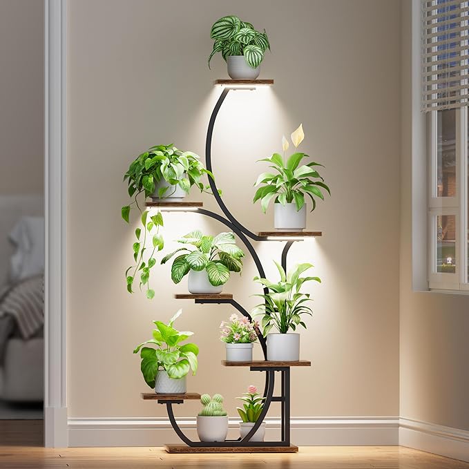 Plant Stand Indoor with Grow Lights - Lighted Indoor Plant Shelf, 57" 7 Tier Corner Plant Stands for Indoor Growing, Tall Flower Display Shelf, Metal S-Shaped Holder for Living Room, Bedroom, Black