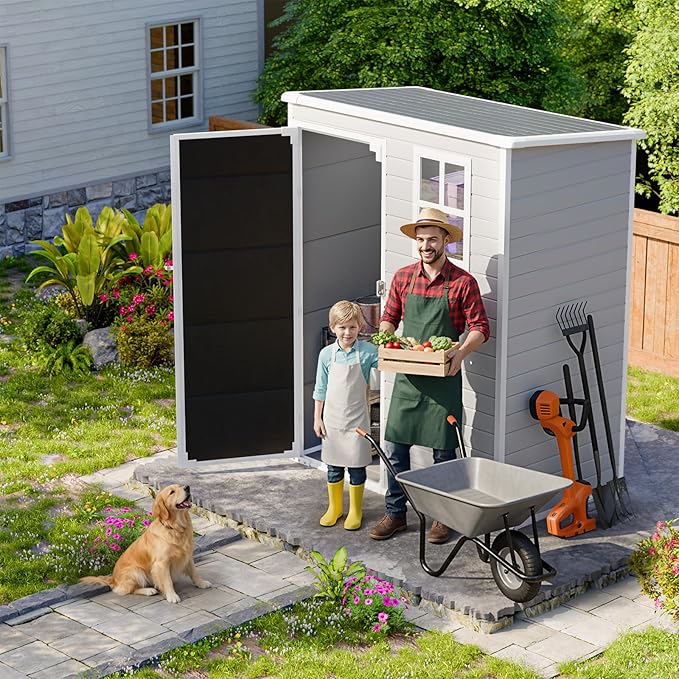 HUSFU Outdoor Resin Storage Shed 5x3 FT, Plastic Tool Shed for Bike, Garbage Can, Chicken Coop, Outside Sheds with Lockable Door for Backyard, Patio, Lawn, Light Grey