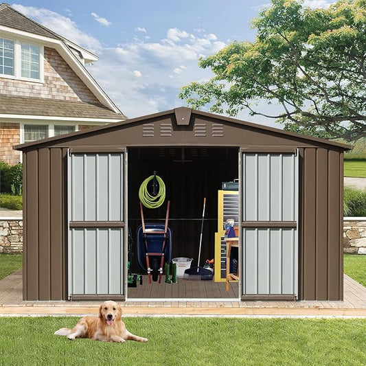 11x9ft Outdoor Storage Shed with Windows, Galvanized Steel Garden Shed, Lockable Double Doors and 16 Vents, Large Capacity Utility Tool Storage for Backyard Patio