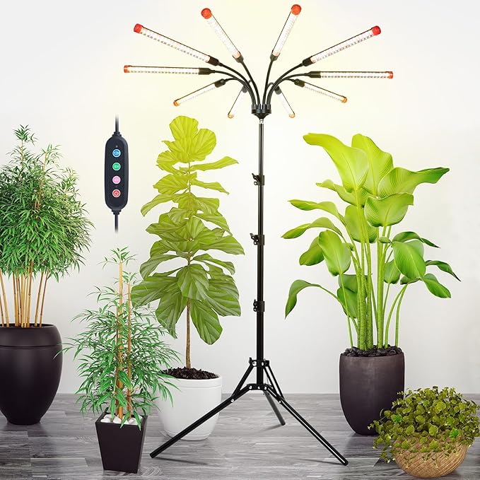 10-Head Grow Light with Stand and Timer, 90 Watt Power Home Plug LED Grow Lights for Indoor Plants for Tall Houseplants, Bonsai Tree, Seed Starting, 24"-64" Adjustable Height