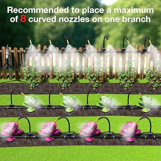 360° Adjustable Drip Irrigation Nozzles Suitable for 1/4 inch Pipes Only 6 Flexible Misting Copper Nozzles and 6 Three-Way Quick Connects