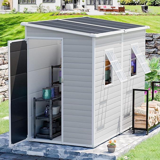 CDCASA 4x8 FT Resin Lean to Shed, Waterproof Outdoor Storage Sheds with Floor Included & Adjustable Openable Windows, Outside Plastic Tool Shed for Backyard Patio Poolside Garden, Gray