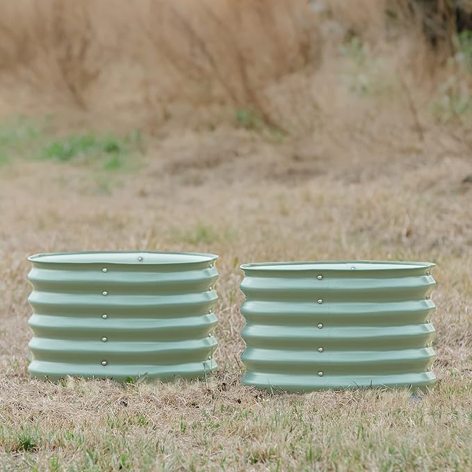 17" Tall Herb Raised Garden Bed for Basil Lavender Sages, 24" Wide Round Fruit Tomato Planter Box for Gardening Blueberries Figs, Flower Metal Pot Container for Rose, Twin Pack, Olive Green