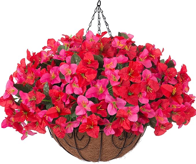 Artificial Fake Hanging Flower Plants Basket for Outdoors Spring Summer Decoration, Faux Bougainvillea Flowers in Planter Look Real UV Resistant Silk Flower for Outside Porch Patio Garden Home Decor