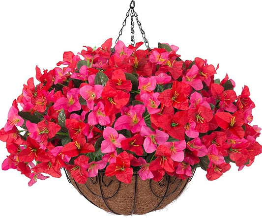 Artificial Fake Hanging Flower Plants Basket for Outdoors Spring Summer Decoration, Faux Bougainvillea Flowers in Planter Look Real UV Resistant Silk Flower for Outside Porch Patio Garden Home Decor