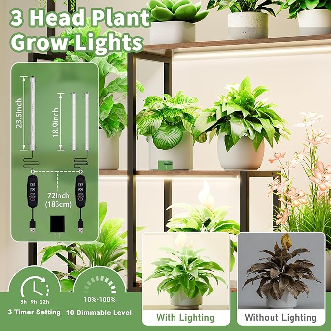 Large Plant Stand Indoor with Grow Light , 72" Tall Metal Plant Shelf, 5 Tiers 12 Pots Holder, Heavy-Duty Rectangle Display Rack for Living Room, Patio, Corner
