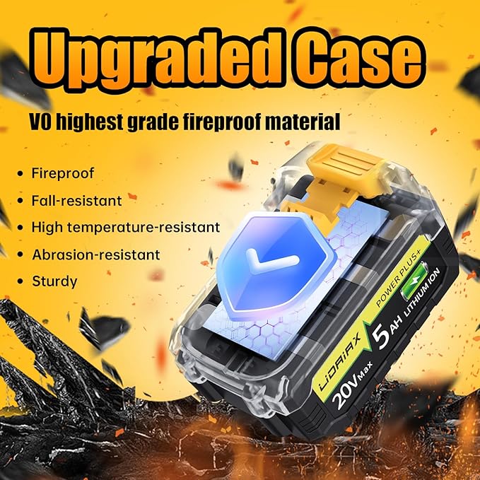 100% True Capacity Replacement for Dewalt 20V Max Battery, Automotive Power Cell for Dewalt 20v Battery, V0 Highest Grade Fireproof Case, Longer Runtime - 5.0AH, 1 Pack
