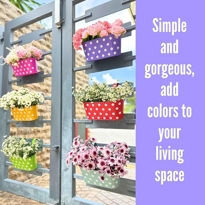 LaLaGreen Outdoor Hanging Planter (11.2 Inch, 6 Pack) Light Blue, Neon Pink, Dark Purple, Yellow, Red Cute Metal Iron Flower Pots Bucket Colorful Polka Dot Herb Deck Railing Fence Bucket Patio Decor