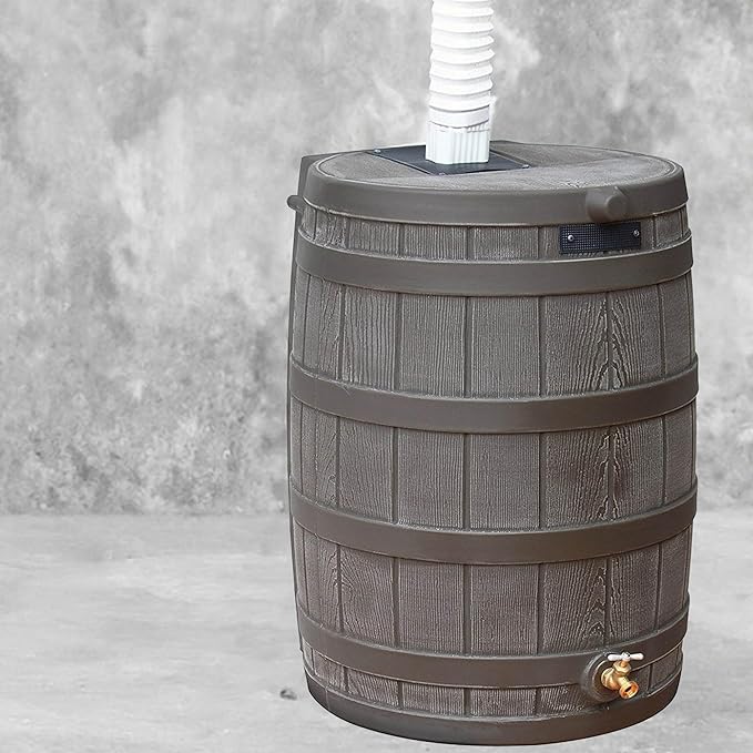 Good Ideas Rain Wizard 50 Gallon Plastic Outdoor Home Rain Barrel Water Storage Collector with Brass Spigot and Flat Back Design, Oak (4 Pack)