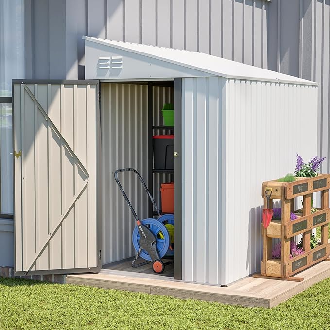 4×7 FT Outdoor Metal Storage Shed,Heavy-Duty Lean to Storage Shed with Lockable Door and Reinforced Beams,All Weather Waterproof Storage House W/2 Air Vents,for Backyard,Patio,Lawn,White