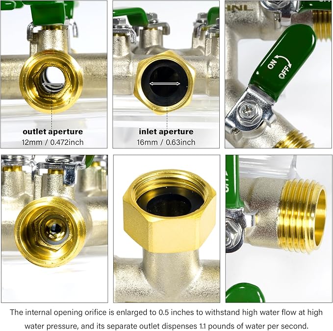Heavy Duty Brass Garden Hose Splitter, Freeze and Sun Resistant Outdoor Faucet 4 Way Valve, Nickel Plated for Rust Resistance, 3/4” GHT (green)