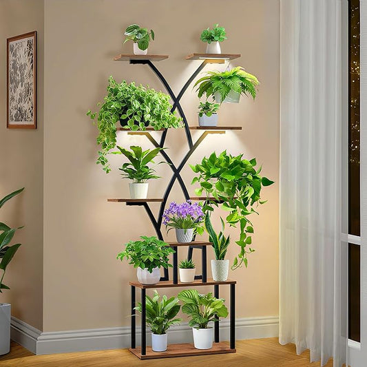 Plant Stand Indoor with Grow Light, for Indoor Plants Multiple, Metal Humen-Shaped Plant Flower Holder, for Living Room, Balcony, Patio