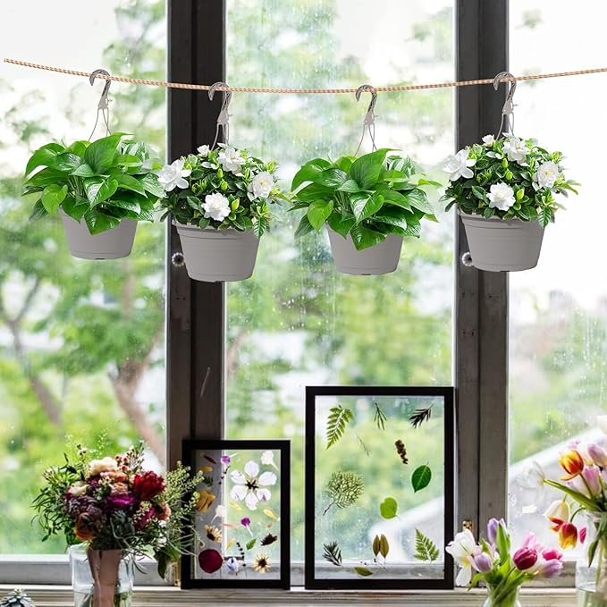 VIDELLY 4 Pcs Hanging Planters,10" Hanging Pots Plastic Hanging Flower Plant Basket Pots with Drainage Trays & Chain Holder for Outdoor Indoor Plants Garden Balcony Decoration, Light Gray