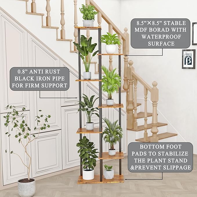 Plant Stand Indoor 7 Tier 8 Potted Metal Wood Plant Shelf, Multiple Flower Pots Corner Tall Plant Holder Stands for Living Room Balcony Bedroom, Rustic Brown