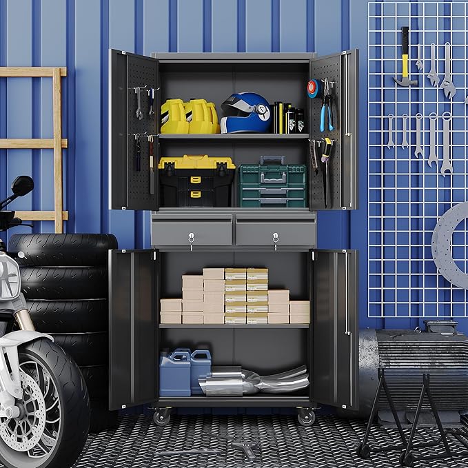 Garage Storage Cabinet with Wheels and Doors,71" H Metal Storage Cabinet with Pegboard and 2 Drawers for Garage, Warehouse,Home,Required Assembly,Black