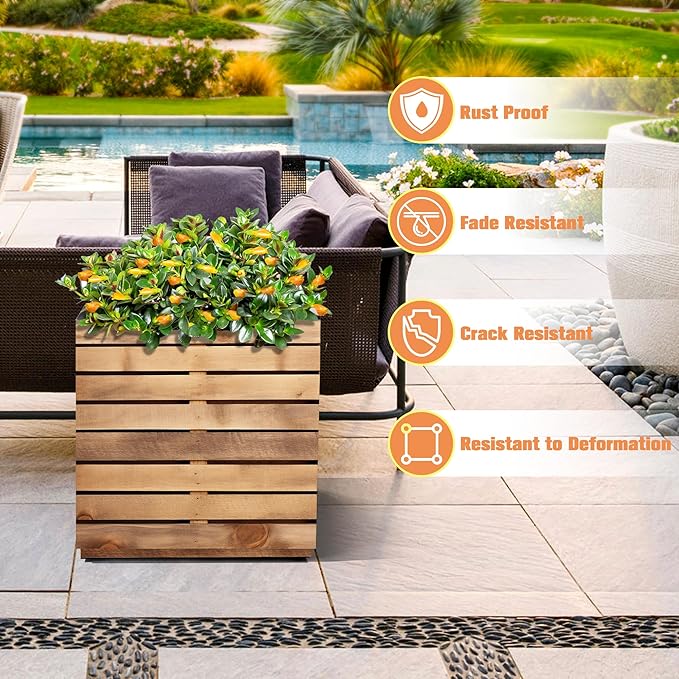 FENCY Metal Planter Box, Large Rectangular Planters for Outdoor Plants, Outdoor Tall Planters with Drainage Holes, Walnut Finish Metal Planters (17″ × 17″ × H18″)