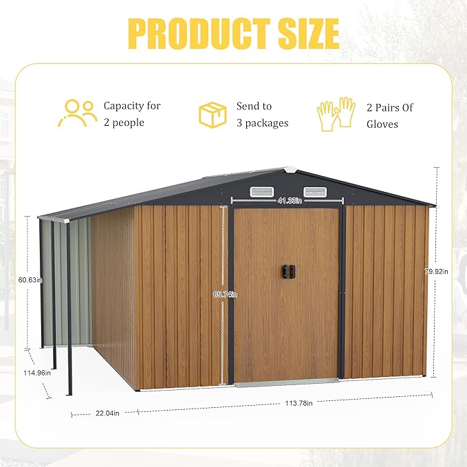 10x12 FT Outdoor Storage Shed,Extra Large Metal Garden Tool Shed with Lockable Doors,Windows & Air Vents,Dual-Zone Design Outside Steel Tiny House for Backyard, Patio Lawn,Yellow