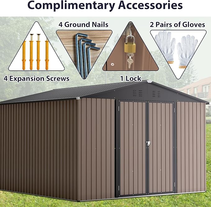 Favfurish Outdoor Storage Shed 10 x 10 FT,Heavy Duty Tool Sheds Metal Storage Garden Shed with Sloped Roof and Lockable Doors,Large Metal Storage Sheds for Backyard Patio Lawn, Brow
