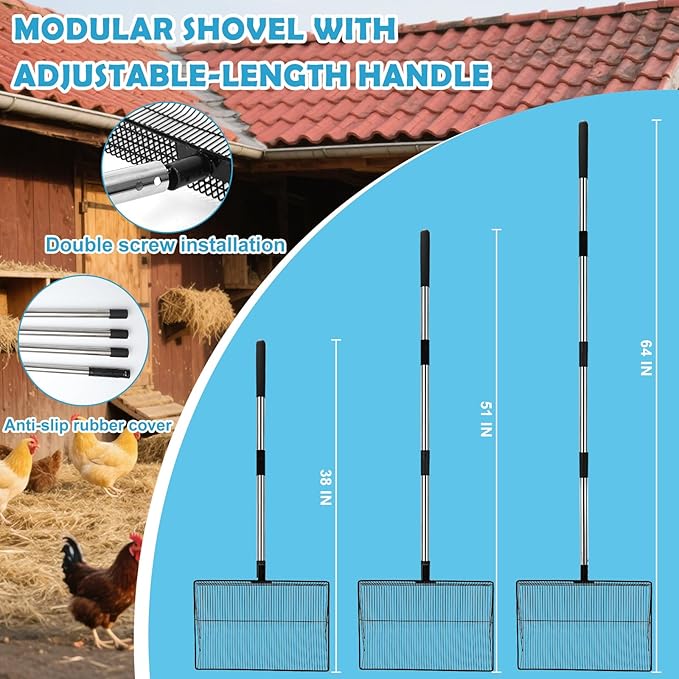 15inch Large Chicken Coop Scooper,Telescoping Chicken Manure Scraper With 38 to 64" Stainless Steel Handle, Adjustable Chicken Shovel For Poultry Rake,Chicken Coop Rake, Chicken Poop Scooper For Sand