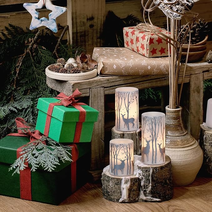 GenSwin Flameless Candles with Timer, Christmas LED Flickering Candles Real Wax with Silver Deer Decals, 3 Pack Pillar Fake Candle for Winter Indoor Fireplace Christmas Decor(D3” x H4”5”6”)